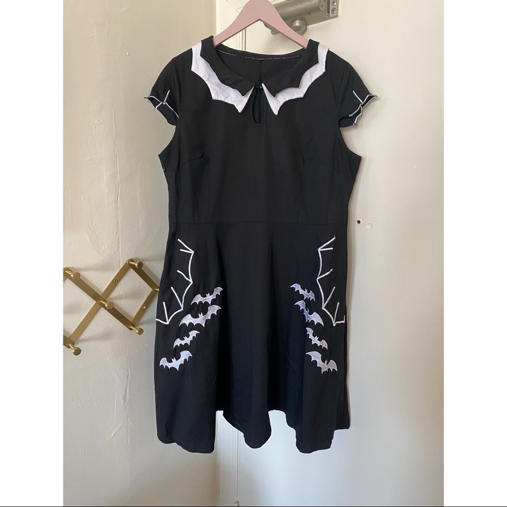Black Bat and Spider Web Embroidered Retro Flare Dress